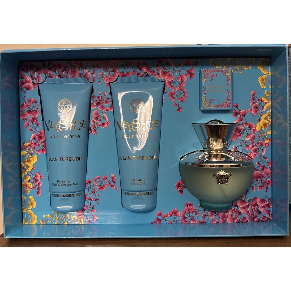 DYLAN TURQUOISE by Versace | Women's 4 Pcs Gift Set: 3.4+0.17 EDT+3.4 S.Gel+Body